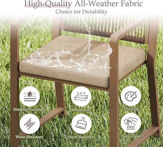 Aluminum Outdoor Patio Dining Chairs - Imitation Rope Vine Chair Ergonomic Backrest Design Detachable Seat Cushion Soft and Breathable Garden Porch, Light Brown Set of 4
