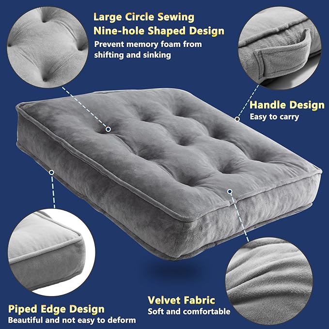 Floor Pillow Set of 2, Memory Foam Meditation Cushion, Floor Cushions for Adults Sitting, Large Square Seat Cushions for Yoga, Living Room, 22x22 Inch (Grey)