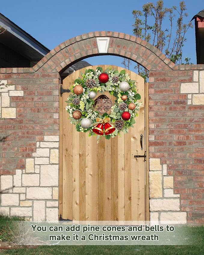 Vlorart 24-26 Inch Artificial Spring Summer Greenery Christmas Wreaths for Front Door Green Eucalyptus Leaf Wreath Decor Boxwood with Big Berries for Farmhouse Outside Year Round