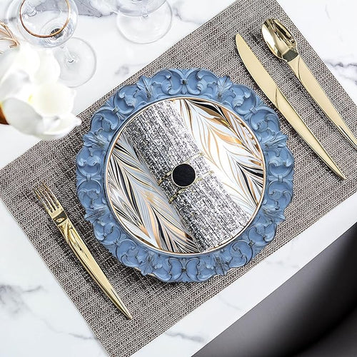 13" Antique Blue Charger Plates, Set of 6 Plastic Textured Chargers for Dinner Plates with Embossed Rim, Table Décor, Party, Wedding, Holiday