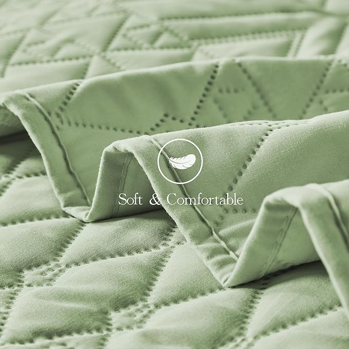 akkialla Twin Size Quilt Bedding Set,Sage Green Lightweight Microfiber Soft Bedspreads,Modern Style Geoetric Pattern Coverlet Set for All Seasons,2 Piece(1 Quilt,1Pillow Sham)