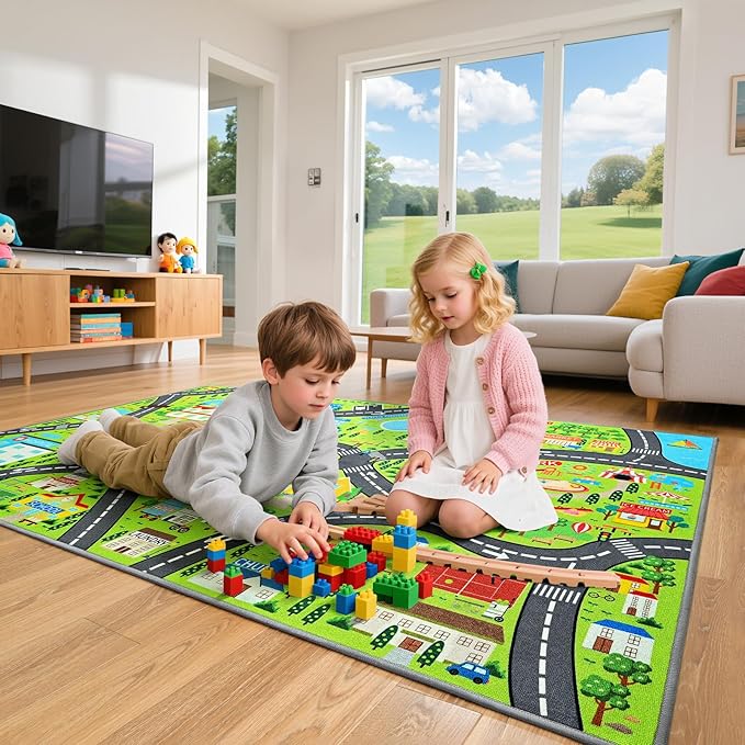 Community Helpers Play Rug – Educational Kids Carpets with Fire Station, School, Park & More for Learning and Play, Car Rug for Playroom Classroom Bedroom Nursery, 60"x36"