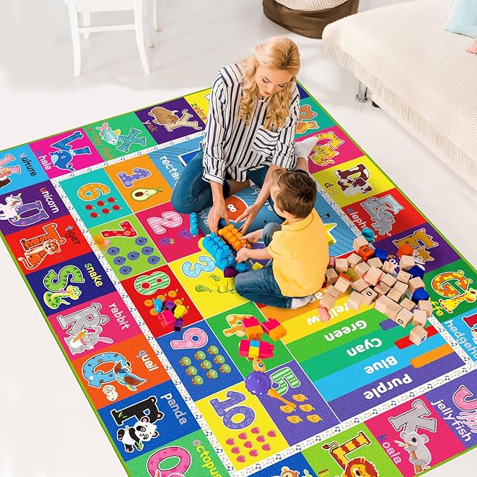 ABC Kids Rug for Playroom, Educational Play Mat for Kids, Preschool Rugs with ABC, Numbers, Animals Learning Rugs Carpet for Bedroom Playroom Classroom Baby Toddler Children (Blue, 78.7X59 INCH)