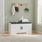 2-Tier Storage Bench, Shoe Bench with Thickened Padded Seat Cushion, Entryway Bench with 2 Doors, Adjustable Shelf, 13.8" D x 37.4" W x 18.5" H, for Entryway, Living Room, Bedroom, White