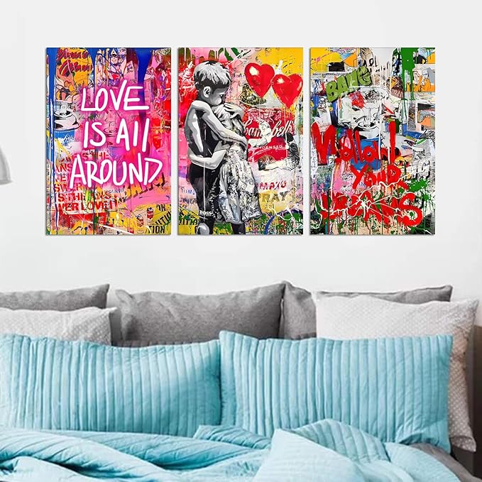 Novatique Banksy Wall Art Street Wall Art Modern Colorful Graffiti Painting Artwork Home Decor Love All Around Graffiti Art Poster for Living Room Bedroom, 24”x 36”x 3Pcs