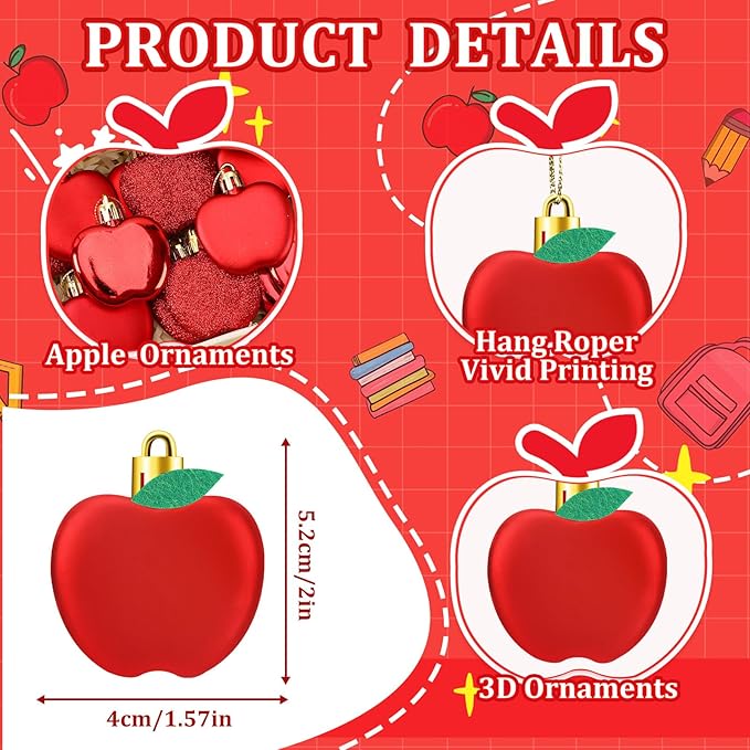 JULMELON 24Pcs Back to School Ornaments, A-pples Tree Decorations Red Shiny Matte Glitter Apples Hanging Ornaments with Rope for First Day of School Party Birthday Classroom Supply Decorations