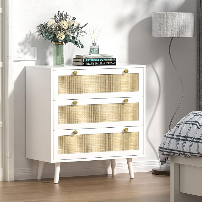Anmytek White Dresser for Bedroom with 3 Drawers, Modern Wood 3 Drawer Dresser, White Chest of Drawer with Spacious Storage Rattan Dresser for Bedroom H0072