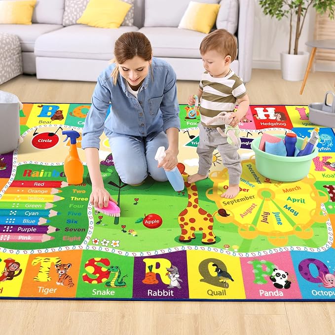 Chicrug Educational Kid Area Rug for Playroom, 5x7 Feet TPR Non Slip Kids Classroom Carpet Rug for Learning ABC Animal, Shape Color Fruit, Washable Play Mat Rug for Children Nursery Toddler Room Decor