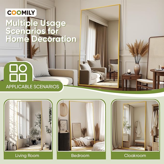 Full-Length Floor Mirror with Stand, 71"x32" Rectangle Style Full Body Standing Mirror for Bedroom, Living Room, Gym, Dorm - Shatter-Resistant & Easy Assembly, Gold