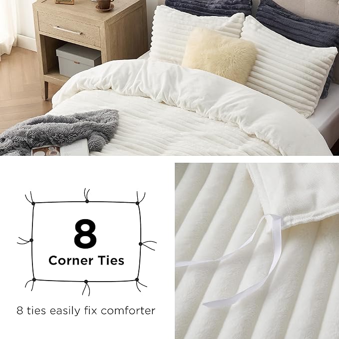 Bedsure Fluffy Duvet Cover Set - Ultra Soft Plush Shaggy Comforter Cover Twin Size, Warm Flannel Fleece Bed Sets for Winter, 2 Pieces (Striped Pattern, Coconut White)