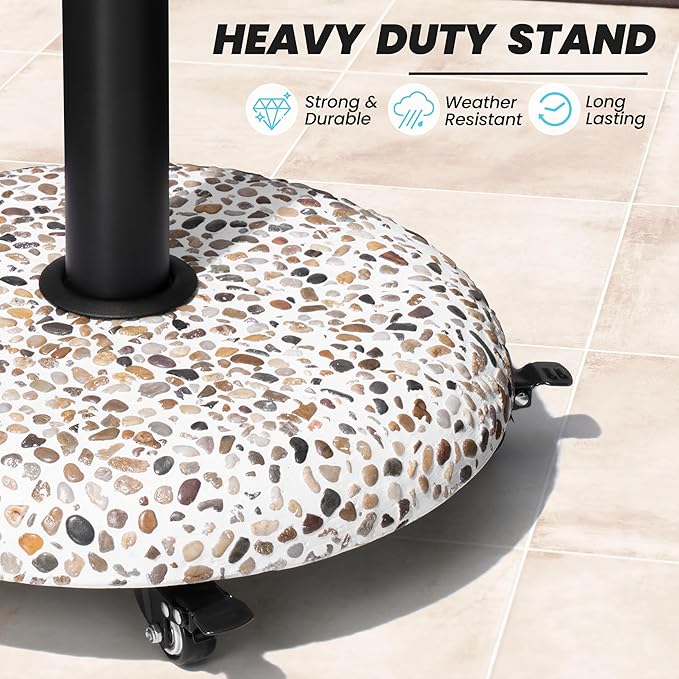 Crestlive Products 45lbs Umbrella Base with Wheels, Patio Umbrella Stand Heavy Duty, Round Cobble Cement Market Umbrella Base for Outdoor, Deck, Lawn, Garden(Cobblestone)