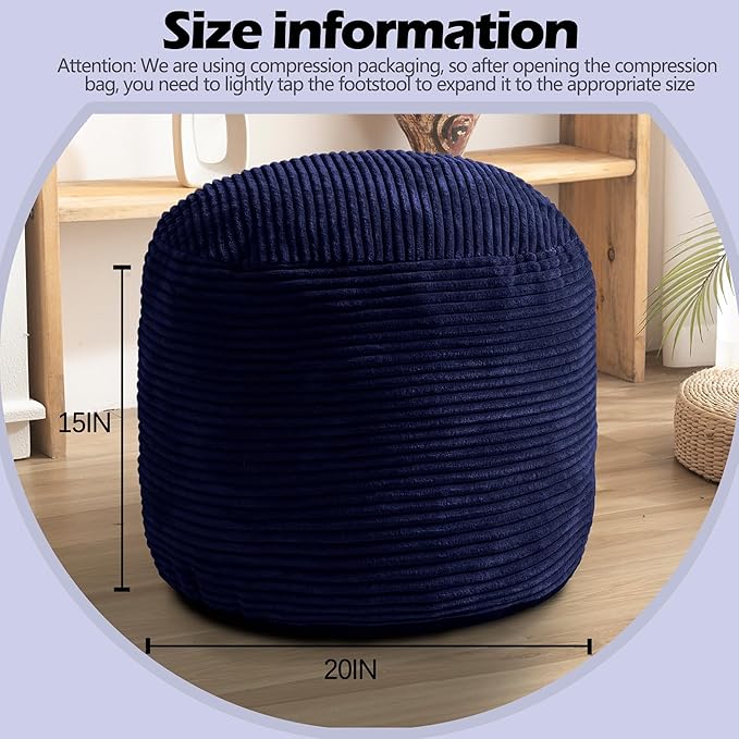 Sqodok Round Stuffed Pouf Ottoman for Foot Stools, 20"x 15" Corduroy Poufs Ottoman with Shredded Foam Filling, Washable Floor Poufs Foot Rest for Living Room Bedroom Home Decor and Office Chair