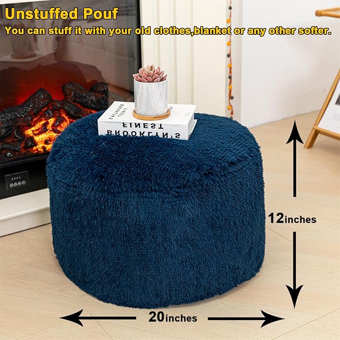 Pouf Ottoman Unstuffed Round Foot Rest Floor Foot Stool Pouf Bean Bag Cover with Storage for Living Room Bedroom Navy Blue No Filler