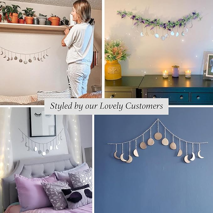 BASE ROOTS Moon Phase Wall Decor, Silver Wall Art for Bedroom, Bohemian and Astrology, Witchy Aesthetic 36" 13 Phases Metal Moon Wall Garland, Celestial Decoration, Gift for Women & Kids