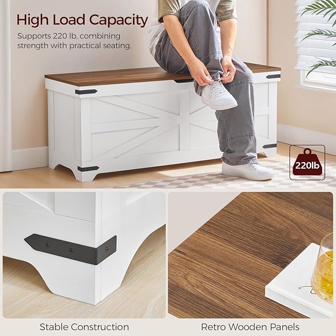 Large Toy Chest, 47.2" Wooden Toy Box with 2 Safety Hinges, Farmhouse Style Storage Bench, Blanket Storage Chest for Living Room, Entryway, Bedroom, White+Walnut SCBZ18601