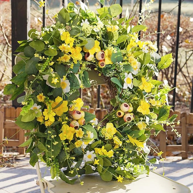 Spring Summer Wreath for Front Door, 23 inch Artificial Floral Wreaths with Green Leaves Daisy Realistic Berry Narcissus for Porch Patio Garden, Indoor Outdoor door Wall Decor Party Holiday Decoration