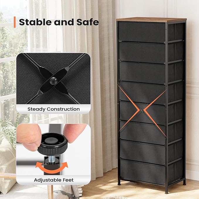 Crestlive Products Tall Dresser, 8-Drawer Fabirc Storage Tower, Chests of Drawers - Vertical Organizer Unit with Handles for Bedroom, Hallway, Entryway, Nursery, Wood Top, Closets (Rustic Brown)