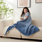 Snuggle Sac Blue Blanket Twin Size for Bed and Sofa, Reversible Super Soft Blankets Warm Cozy Knit Blankets Fuzzy Plush Lightweight for Couch, Picnic, Ombre Blue, 60x80 inches