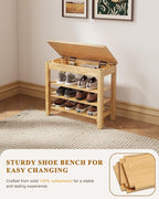 Shoe Rack Bench Seat Rubberwood 3-Tier Wooden Storage Bench 550lbs Compact Mid-Century Modern Design for Entryway, Hallway, Closet, Front Door Entrance, Foyer