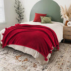 HORIMOTE HOME Ultra Soft Sherpa Throw Blanket with Pompom Fringe, Lightweight Plush Boho Throw Blanket for Couch, Sofa, Bedroom,Travel, Christmas Decor, Warm Blanket for Winter, 50"x60", Red