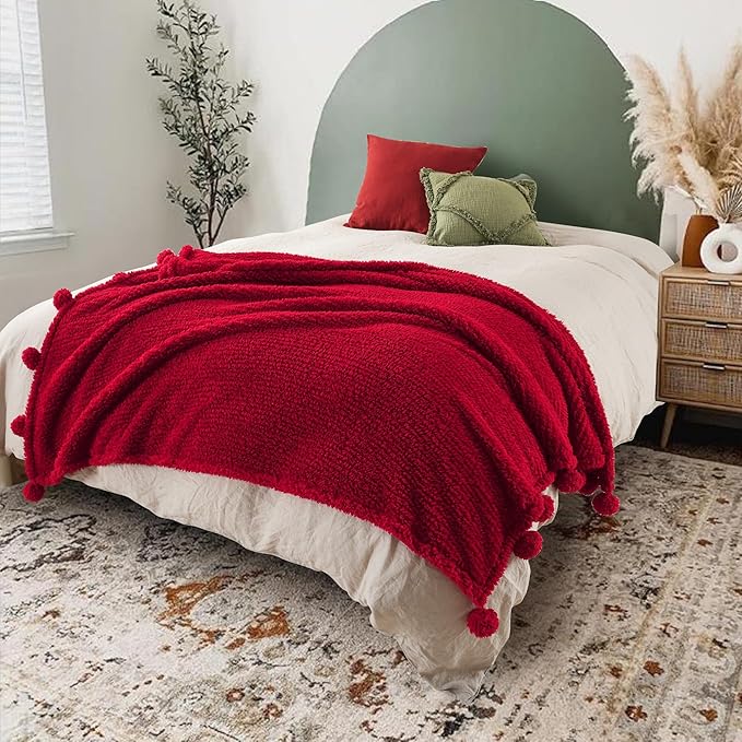 HORIMOTE HOME Ultra Soft Sherpa Throw Blanket with Pompom Fringe, Lightweight Plush Boho Throw Blanket for Couch, Sofa, Bedroom,Travel, Christmas Decor, Warm Blanket for Winter, 50"x60", Red