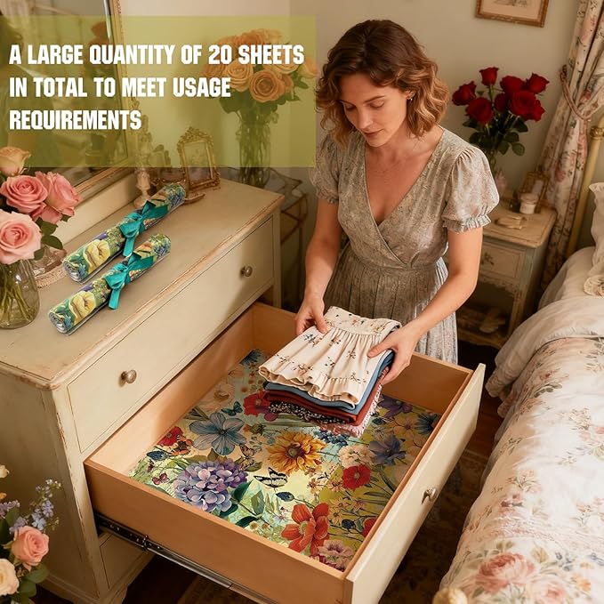 BBTO 20 Sheet Scented Drawer Liners for Dressers 15.8" x 22" Scented Fragrant Cabinet Paper Liners Non Adhesive Drawer Paper Mats for Bedroom Home Closet Shelves(Flower)
