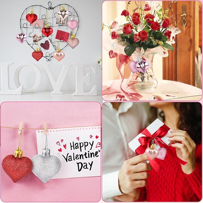 JULMELON 24Pcs Valentine's Day Heart Shaped Ornaments Romantic Valentines Heart Hanging Tree Ornaments Decorations for Home Valentine Tree Wedding Party (Red, Pink,Rose Gold and Silver)