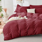 HYMOKEGE Burgundy California King Comforter Set Seersucker 7 Pieces, All Season Luxury Bed in a Bag for Bedroom, Bedding Set with Comforters, Sheets, Pillowcases & Shams