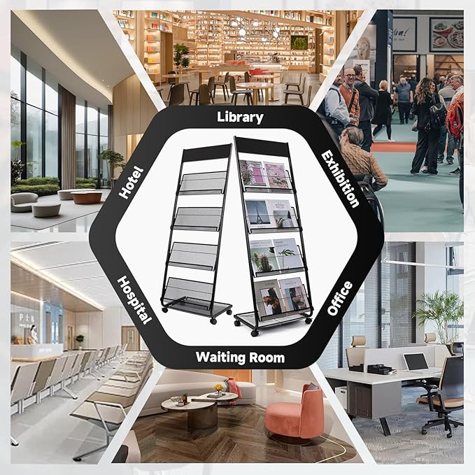 Floor-Standing Magazine Rack 4-Layer with Wheels, Brochure Display Stand for Exhibitions, Office, and Any Organization Requiring Information Display