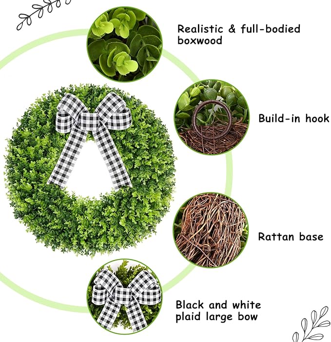 Vlorart 28" Faux Round Boxwood Wreath, Artificial Large Boxwood Wreath Front Door Wreaths Artificial Spring Summer Greenery Hanging with A Plaid Bow for Villa Wall Hanging Window Wedding Party Decor