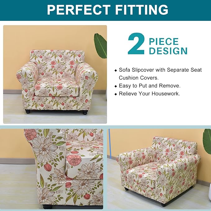 KRFOONN 2 Piece Chair Covers Printed Sofa Covers Couch Covers Washable Armchair Sofa Couch Slipcover Furniture Protector with Elastic Bottom for Living Room (Armchair, 22), Small