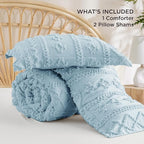 Bedsure Tufted Boho Comforter Set King Size - Light Blue Boho Bed Set, GentleSoft™ 3 Pieces Farmhouse Shabby Chic Embroidery Bedding, Gifts for Woman, Soft Jacquard King Comforter for All Seasons
