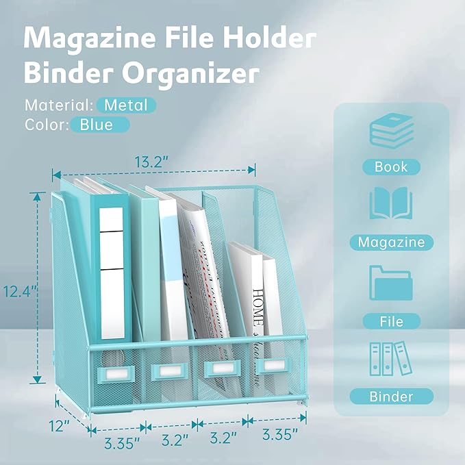 SUPEASY Magazine File Holder Desk Organizer, Metal Binder Holder with 4 Vertical Compartments for Office Home School, Blue