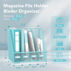 SUPEASY Magazine File Holder Desk Organizer, Metal Binder Holder with 4 Vertical Compartments for Office Home School, Blue