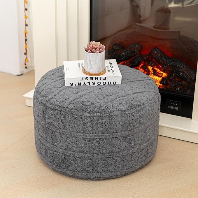 Stuffed Pouf Ottoman with High Density Foam Filler Plush Fiber Pouf Stool Round Foot Stool Cushion Storage Ottoman 20 * 12''Floor Poufs Foot Rest for Living Room (Gray)
