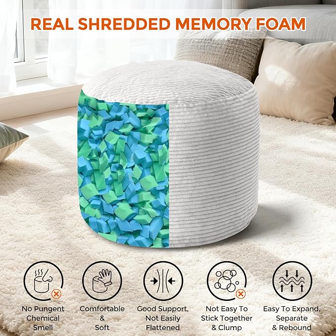 Pouf Ottoman Foot Rest, Comfortable & Soft, Round Footstool for Living Room, Bedroom, Office, Room Decoration, Corduroy Foot Stool Pouf with Odorless & Anti-Clump Filling, Large Grey