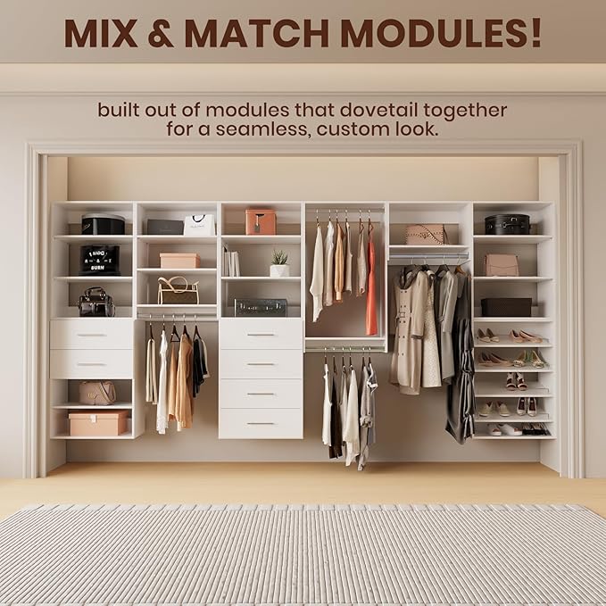 ROOMTEC Modular Closet System, 70" Wall-Mounted Closet Organizer with Hanging Rods, Wooden Tower for Walk-In Closets, Wardrobe Storage Kit, White