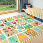 Huge ABC Alphabet Classroom Rugs Elementary – 9x12 School Rug for Kids Play, Washable & Wipeable Large Floor Carpet, Soft & Non Skid Design with Educational Letters and Whimsical Cartoon Art Decor