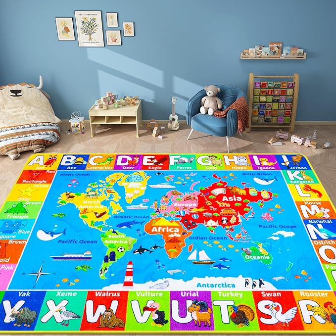 World Map ABC Kid Rug for Playroom Geography 110"×78.7" Classroom Play Rug Educational Baby Playmat Alphabet Rug for Primary School Fluffy Ployester Non-Slip Preschool Rug for Nursery Room