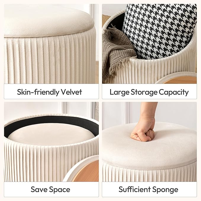 Ottoman with Storage Set of 2, Velvet Round Storage Ottoman, Upholstered Sponge Vanity Stool Support 300lbs, Multifunctional Coffee Table Foot Rest Ottoman for Living Room Bedroom, Beige