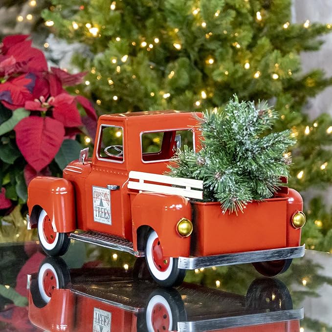 Zaer Ltd. Red Metal Christmas Pickup Truck Decoration (Medium 18" Long)