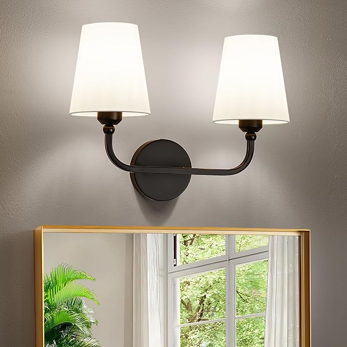 Kvhilw Bathroom Vanity Light, Matte Black Bathroom Light Fixtures, 2-Light Lighting Fixtures Over Miror, Modern Wall Sconce with Flared White Fabric Shade, E26 Socket(ETL Listed)