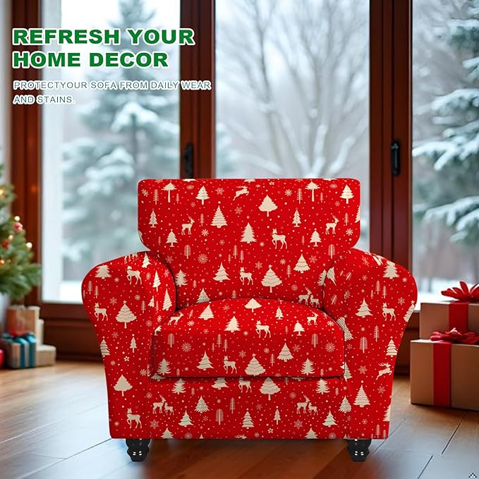 KRFOONN 2 Piece Chair Covers Printed Sofa Covers Couch Covers Washable Armchair Sofa Couch Slipcover Furniture Protector with Elastic Bottom for Living Room (Armchair, Christmas 01), Small