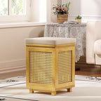 End Table for Living Room, Small Side Table with Storage, Bamboo Rattan Weave with Removable Cushion Top, Multifunctional Nightstand Ottoman Footrest Seat & Organizer for Bedroom, Office