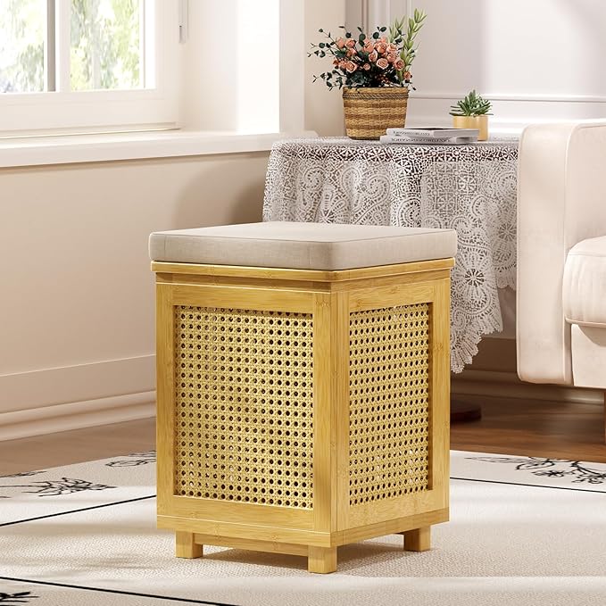 End Table for Living Room, Small Side Table with Storage, Bamboo Rattan Weave with Removable Cushion Top, Multifunctional Nightstand Ottoman Footrest Seat & Organizer for Bedroom, Office
