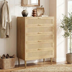 GarveeHome Rattan 5 Drawer Dresser, Modern Chest of Drawers with Gold Legs and Gold Handles, Tall Dresser with Large Tabletop and Anti-Tipping Design for Bedroom Living Room, Natural