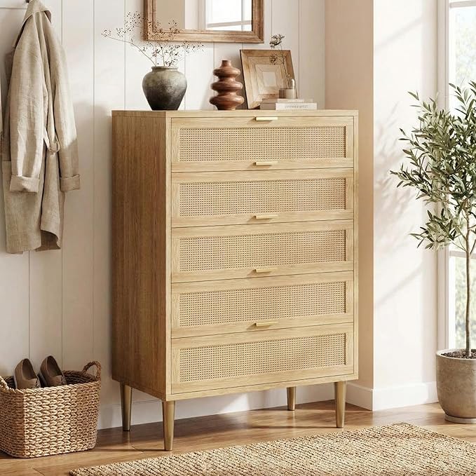 GarveeHome Rattan 5 Drawer Dresser, Modern Chest of Drawers with Gold Legs and Gold Handles, Tall Dresser with Large Tabletop and Anti-Tipping Design for Bedroom Living Room, Natural