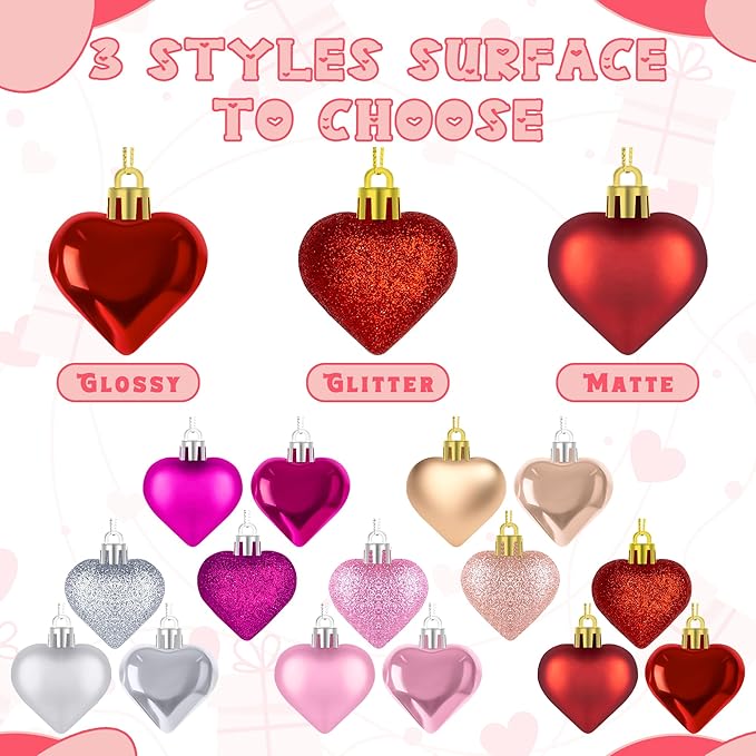 72 Pack Valentine Day Heart Shaped Ornaments Romantic Various Styles Heart Hanging Baubles Colorful Romantic Glossy Hearts Valentine's Day Decor for Party Anniversary Crafts Party Favors
