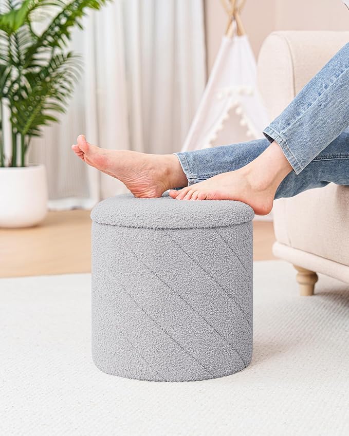 Round Ottoman with Storage, Boucle Foot Rest Stool with Reversible Tray Lid, Folding Teddy Ottoman Coffee Table for Dorm Living Room Bedroom Entryway, Grey,13" x 13" x 13.8"