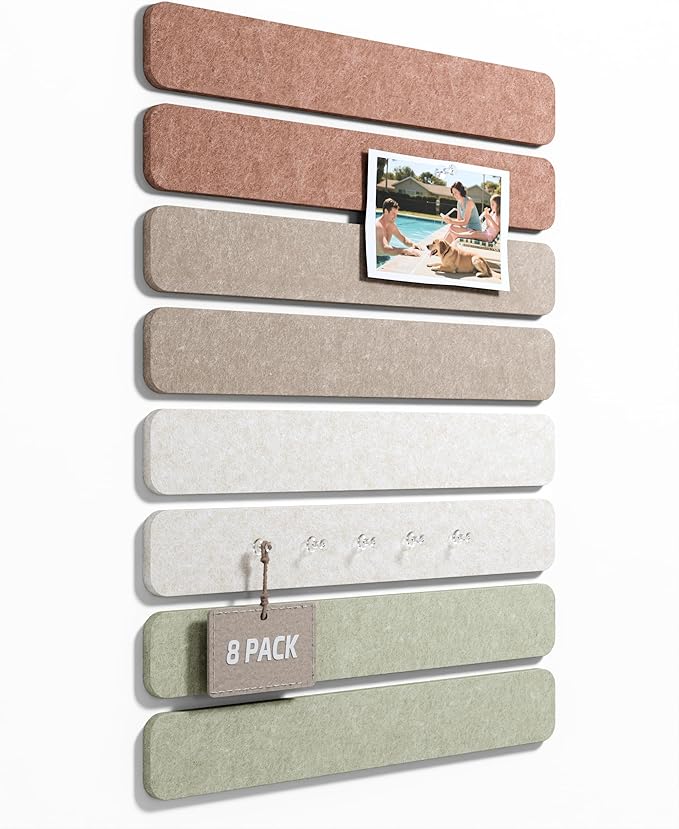 Fluxynara Cork Board Alternative Felt Strip Board 8-Pack 13"x2", Office Pin Board with 50 Push Pins, Adhesive Install for Bedroom Door & Home Office(Boho)